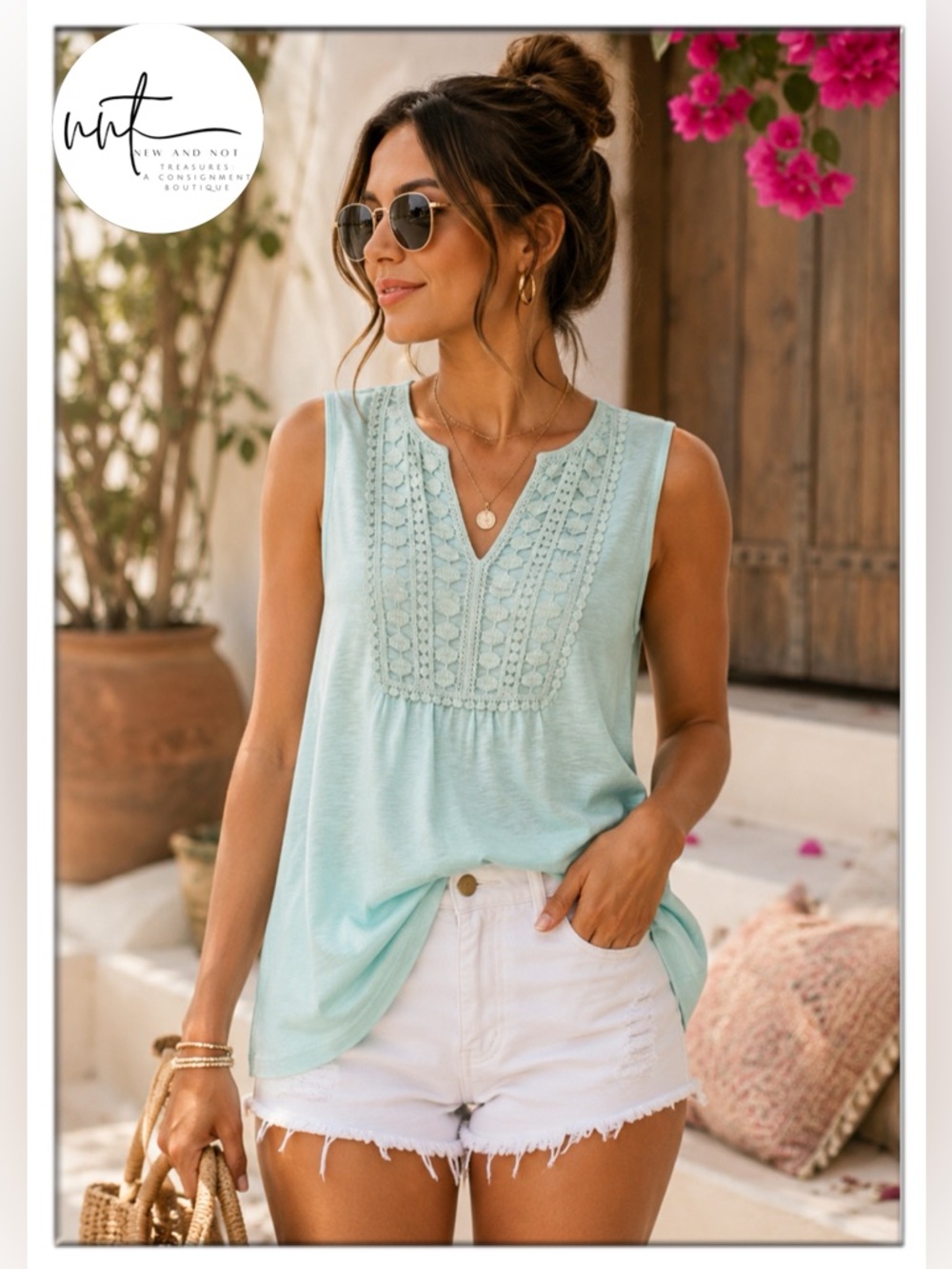Talbots Petite Large Mint Green Crochet Lace Sleeveless Cotton Knit Tank Top